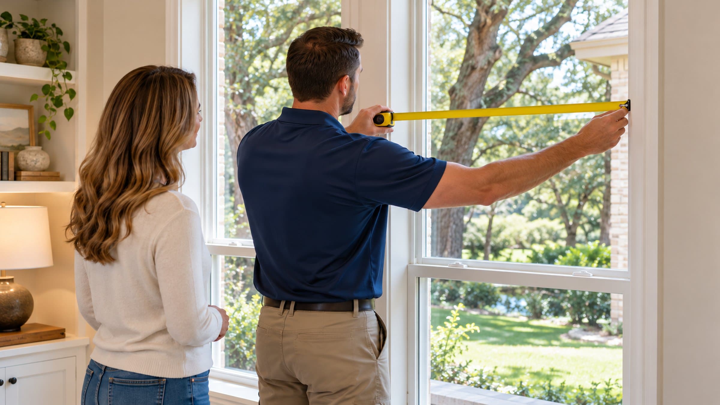 An installer measures a window while a homeowner watches.