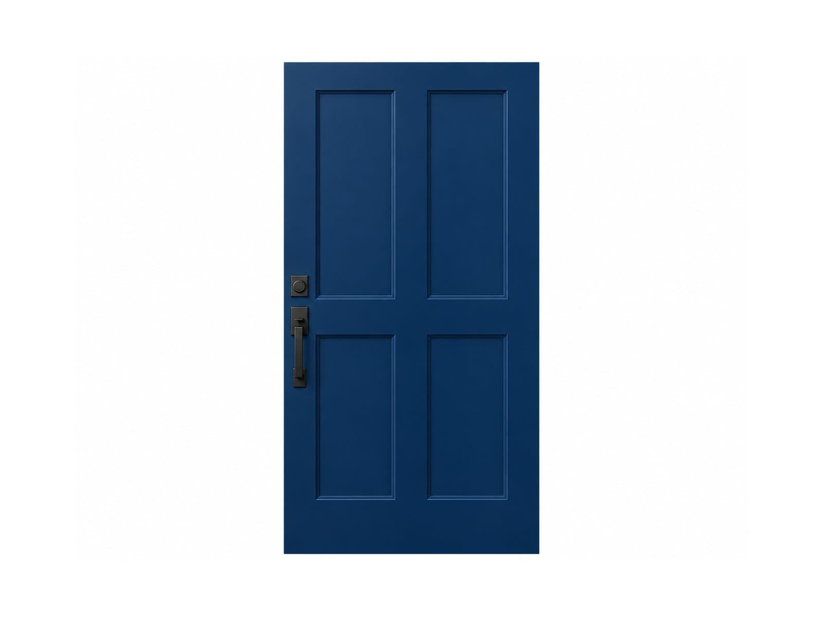 A navy entry door has four recessed shaker panels and black hardware.