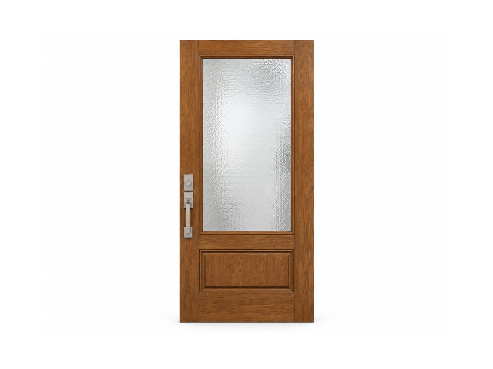 An oak-stained entry door has textured privacy glass and a satin-nickel handle.