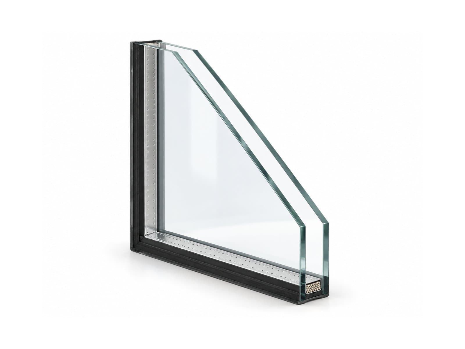 A cutaway glass-unit corner reveals two panes, a metal spacer and a black edge seal.