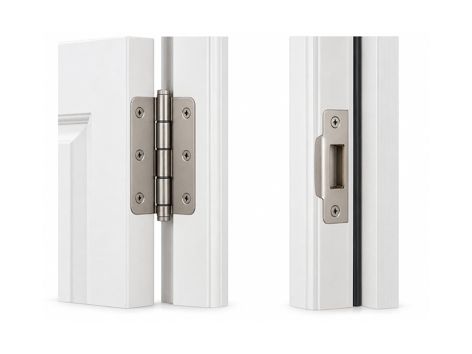Nickel hinge and strike hardware are shown on white door and frame sections.