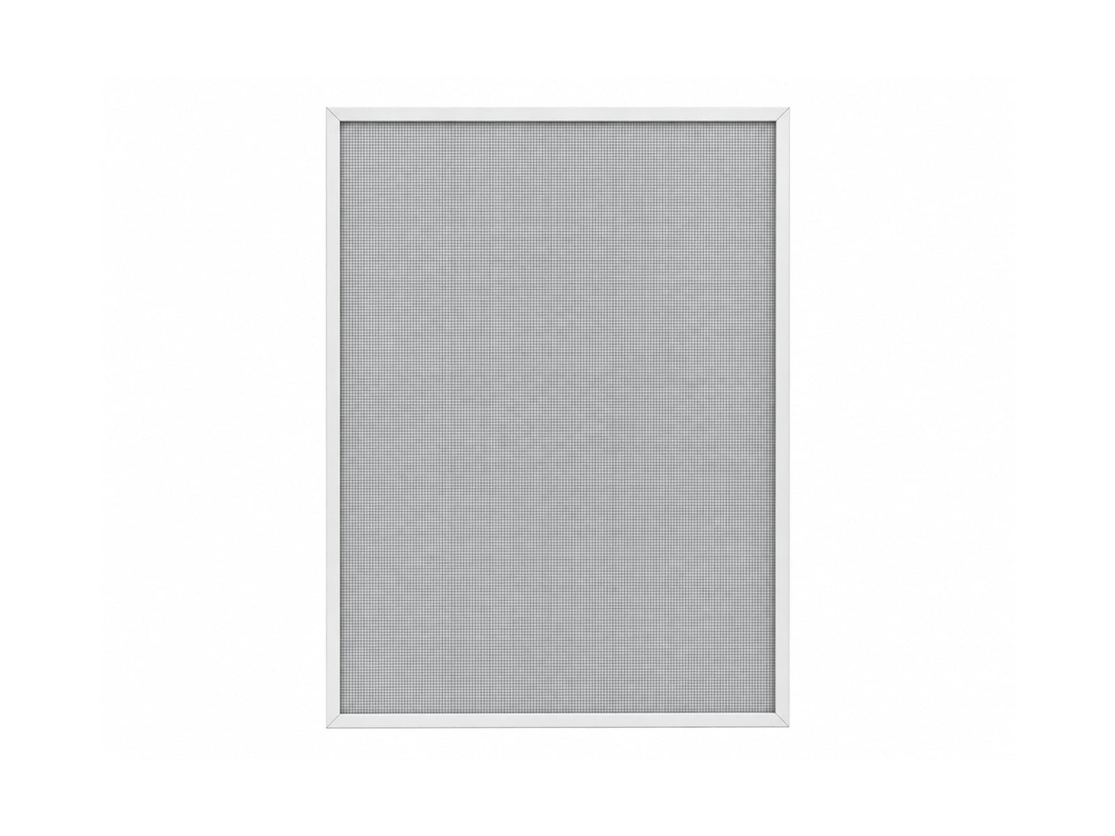Fine grey mesh fills a white rectangular window-screen frame.