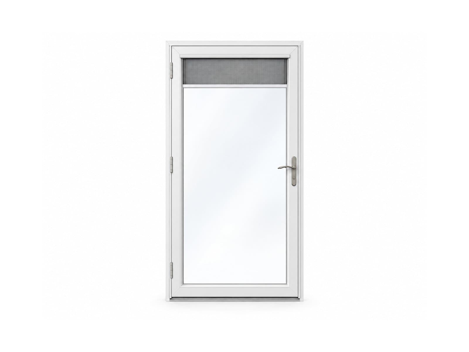 A white full-view storm door includes a glass panel and retractable screen housing.