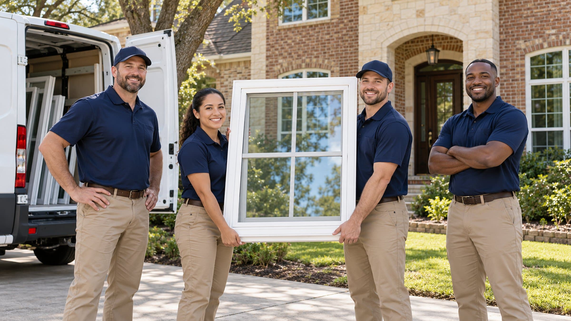 Four installers stand beside a plain white van with a window unit.