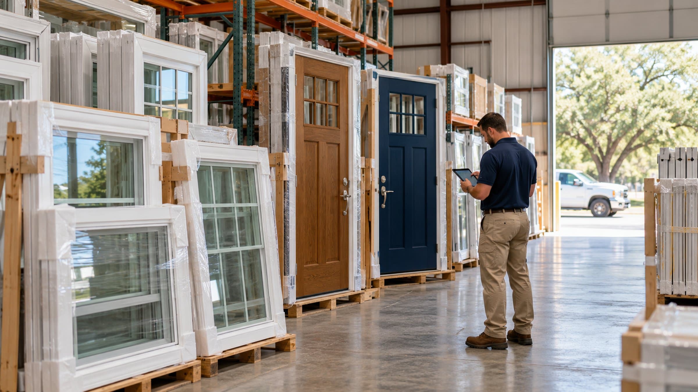 An installer checks a tablet beside wrapped windows and doors on warehouse racks.