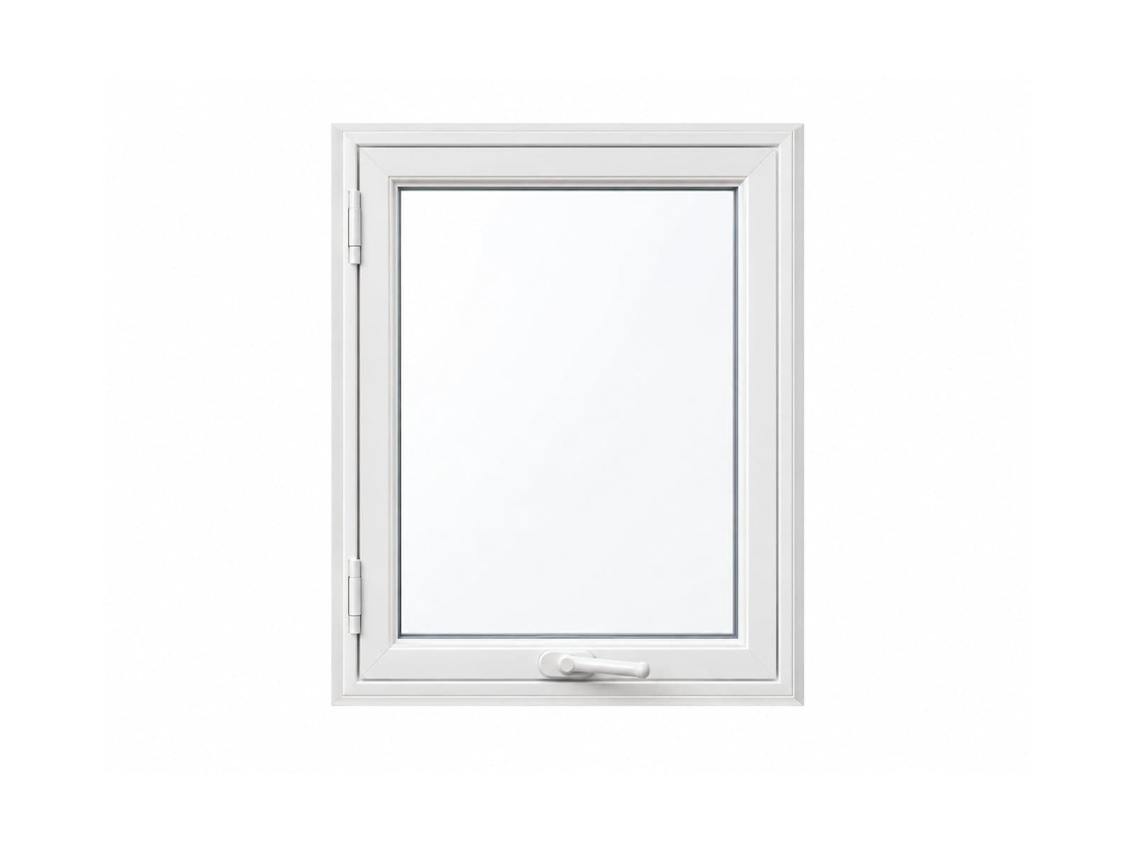 A white casement window has left-side hinges and a bottom crank handle.
