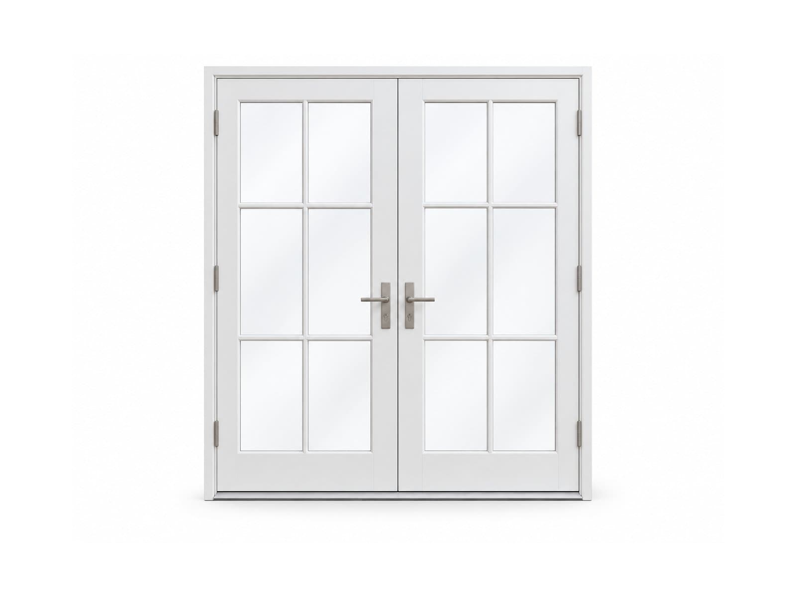 White French patio doors have six glass panes per leaf and central nickel handles.