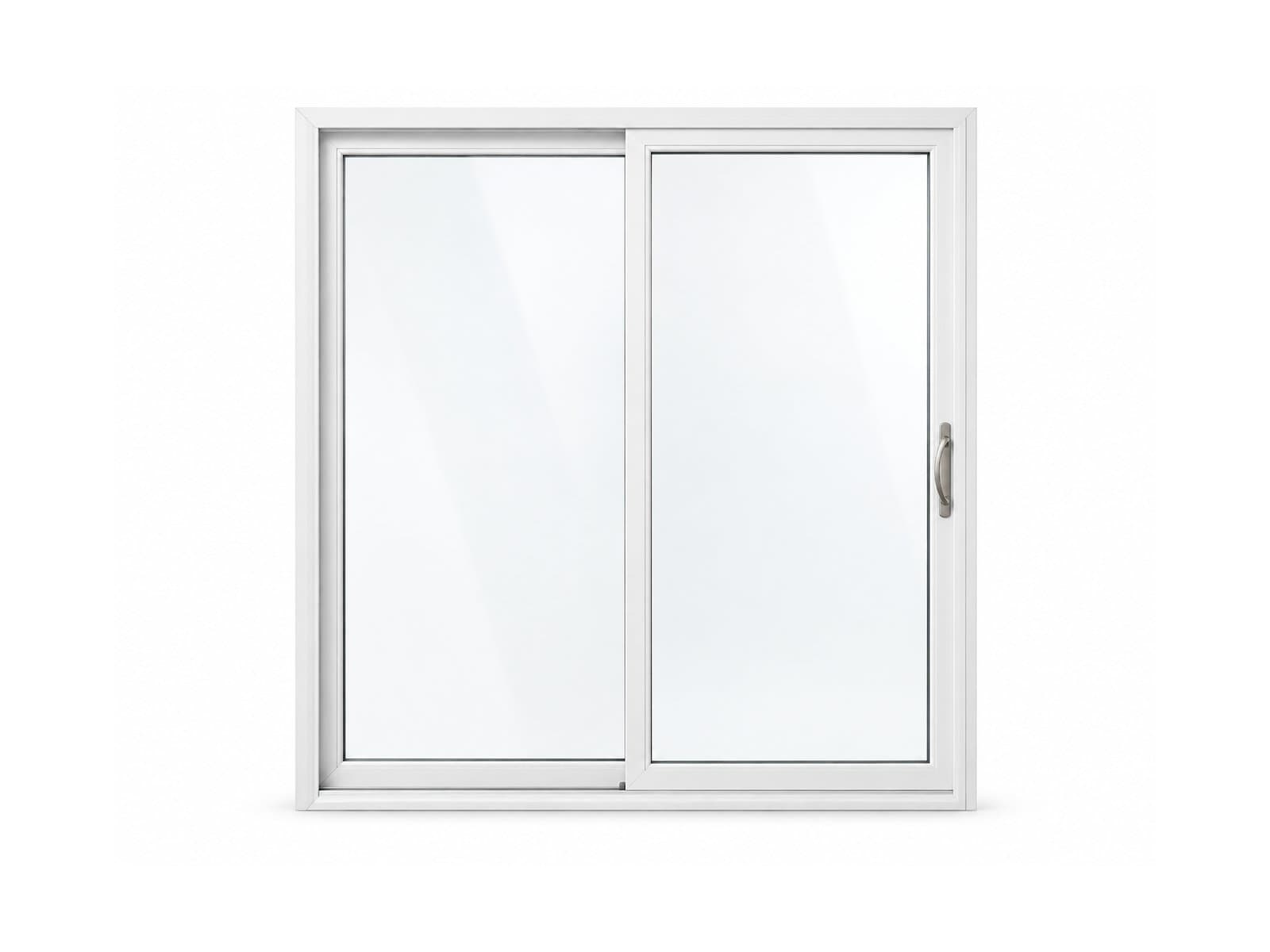 A white sliding patio door has two full-height glass panels.