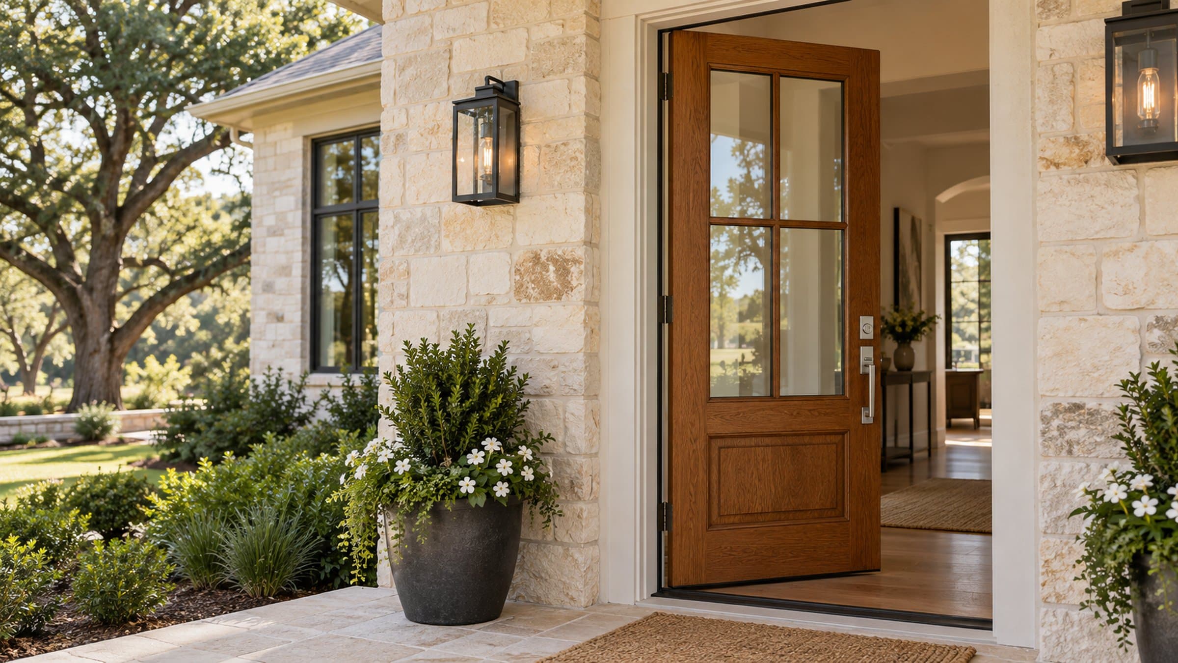 A newly fitted oak entry door opens onto a limestone porch.